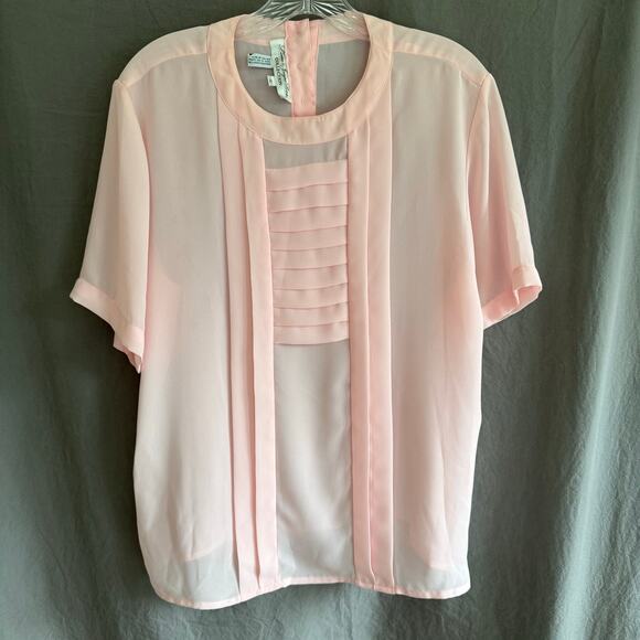 Vintage 80s Pink Sheer Blouse Laura & Jayne Petite Pleated Front Size 12 - Picture 1 of 13